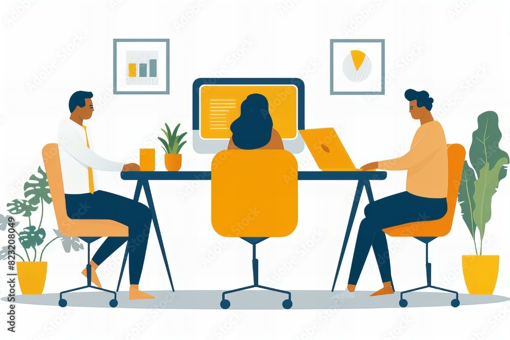 Two people working at desk with computer and plant Two people working at desk with computer and plant