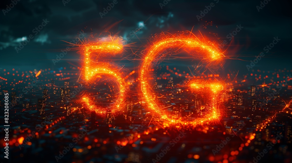 Fiery 5G symbol rising above a cityscape, representing the power and speed of the new technology.