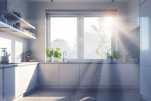 Sunny modern kitchen interior with plants on shelf