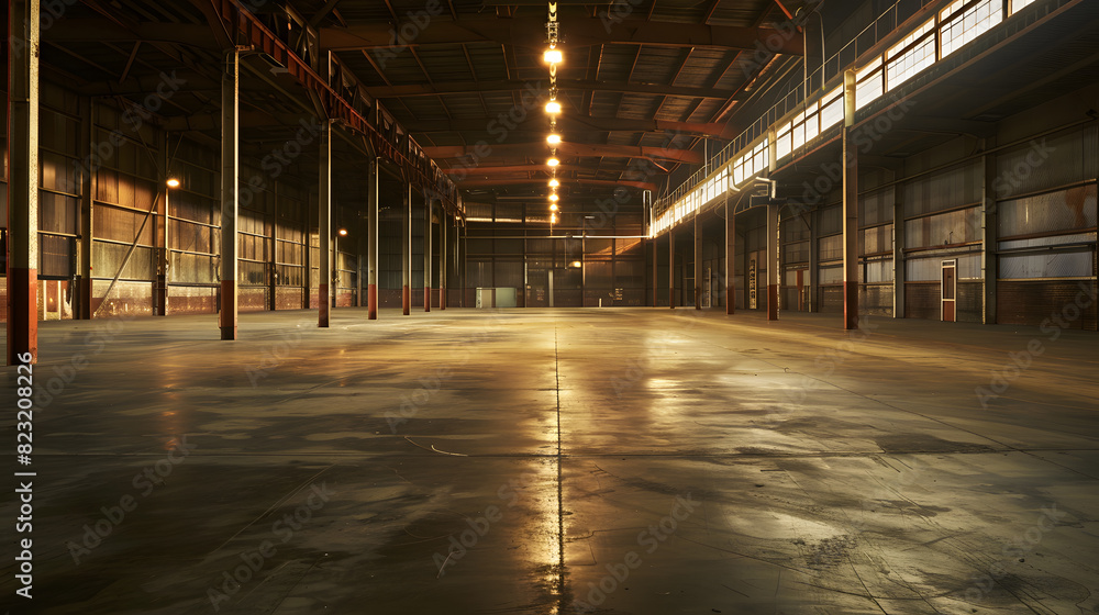 An empty warehouse with concrete floors and exposed beams. An empty warehouse with concrete floors and exposed beams.
