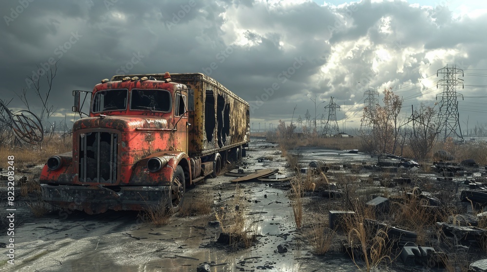 A red truck is parked in a desolate, barren landscape A red truck is parked in a desolate, barren landscape