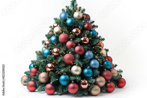 Decorated christmas tree with colorful christmas balls isolated on white background