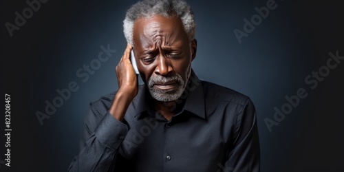 Azure background sad black American independent powerful man. Portrait of older mid-aged person beautiful bad mood expression isolated on background racism skin