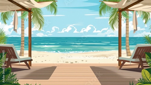 A Beachside Spa With Open-Air Massage Tables Facing The Ocean, Cartoon ,Flat color