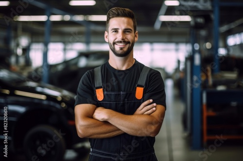 Happy mechanic with crossed arms in auto repair shop. Young happy worker standing in auto repair shop with his arms crossed and looking at camera