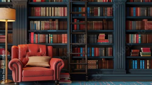 A vintage library background with antique furniture and old, leatherbound books photo