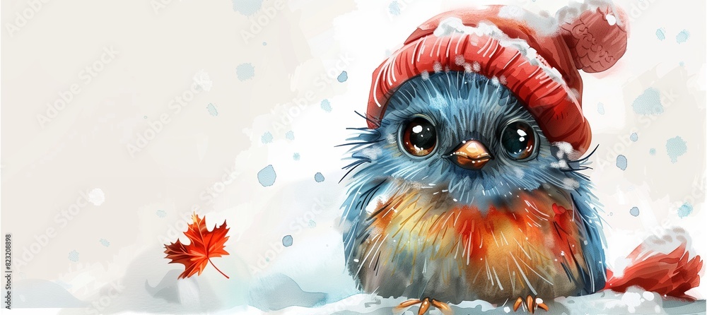 Watercolor illustration of a cute bird standing on the ground wearing a winter hat, on a white background. Watercolor illustration of a cute bird standing on the ground wearing a winter hat, on a white background.