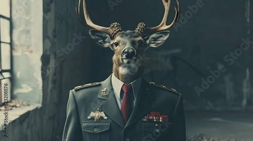 Military man in a suit with a deer head. Generative Ai