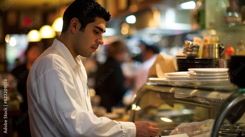 The restaurant waiter wears a white uniform The restaurant waiter wears a white uniform