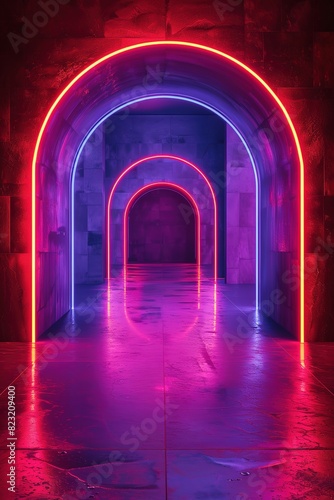 Bright neon arches in ascending sizes create a digital tunnel