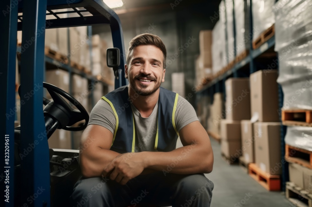 Happy warehouse worker in a forklift at storage room. Happy manual worker sitting in a forklift in distribution warehouse and looking at camera