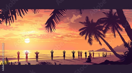 A Beachside Yoga Class At Sunrise  Participants Silhouetted Against The Sky  Cartoon  Flat color