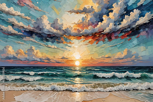 An oil painting of a setting sun over the sea. Mixed art landscape.