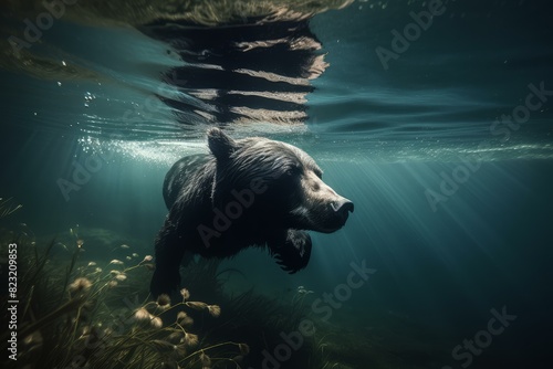 Powerful Swimming bear underwater. Brown bear wildlife fishing in river. Generate ai photo
