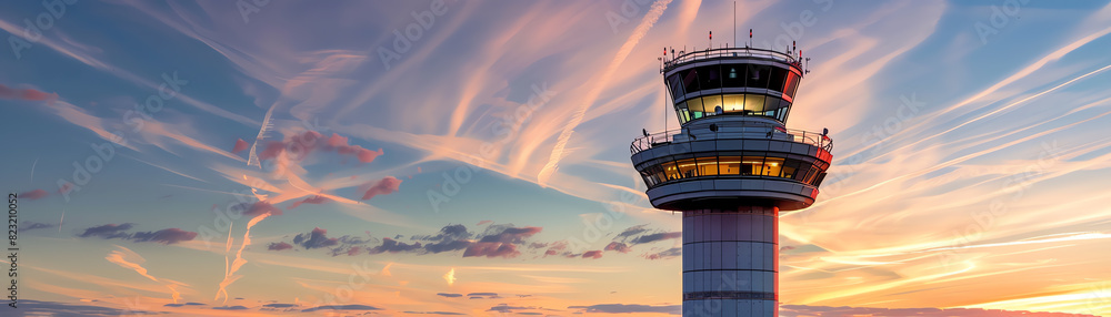 Control tower at evening, glowing sunset, light streaks, soft twilight colors, striking sky Control tower at evening, glowing sunset, light streaks, soft twilight colors, striking sky