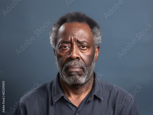 Beige background sad black American independent powerful man. Portrait of older mid-aged person beautiful bad mood expression isolated on background racism skin color