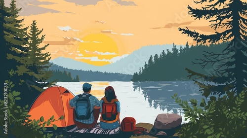 A couple sitting by a lake at sunset, with a tent and backpacks, surrounded by forest. photo