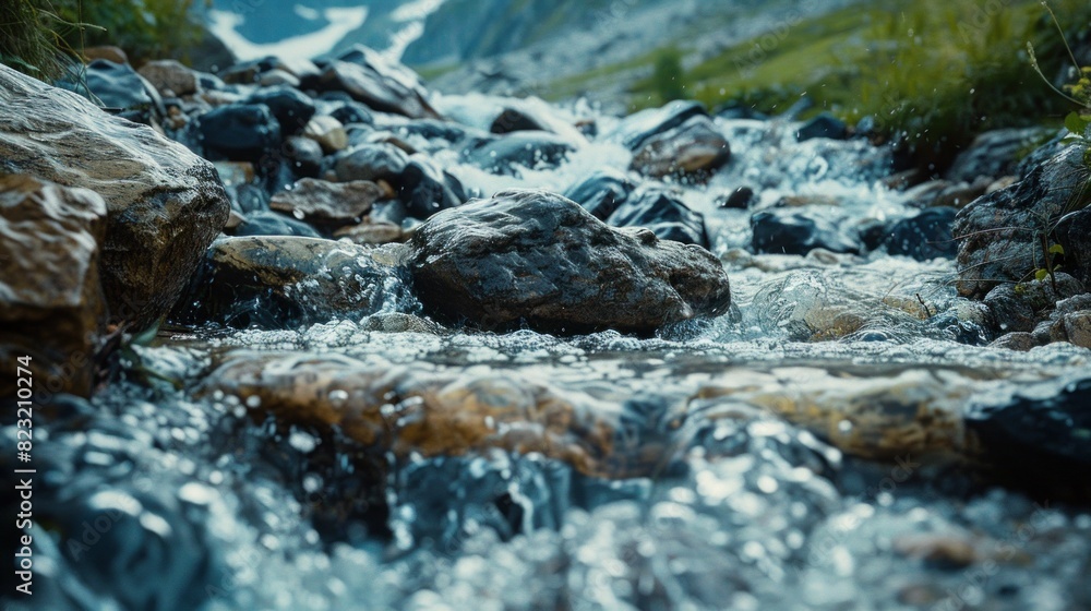 A close-up of an alpine river stream with fast-running water and pebbles between mountain stones A close-up of an alpine river stream with fast-running water and pebbles between mountain stones