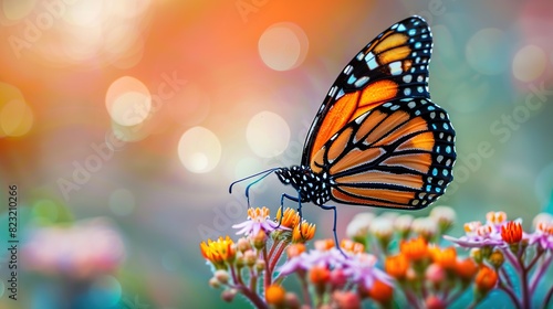 Monarch butterfly, Danaus plexippus. resting on a flowering plant in a butterfly. Generative Ai