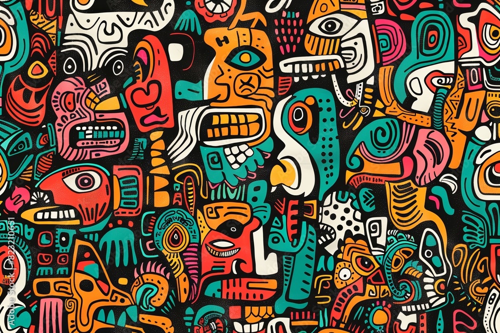 A vibrant and colorful pattern filled with intricate doodles inspired. A vibrant and colorful pattern filled with intricate doodles inspired.