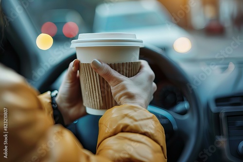 Person holding coffee driving vehicle photo