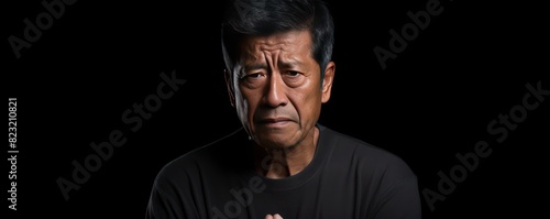 Black background sad Asian man. Portrait of older mid-aged person beautiful bad mood expression boy Isolated on Background depression anxiety fear burn out health issue photo