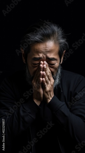 Black background sad Asian man. Portrait of older mid-aged person beautiful bad mood expression boy Isolated on Background depression anxiety fear burn out health issue