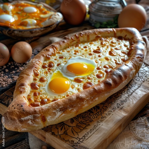 Homemade Ajarian Khachapuri with Sulguni Cheese Filled with a Raw Egg and Melted Butter Close Up photo