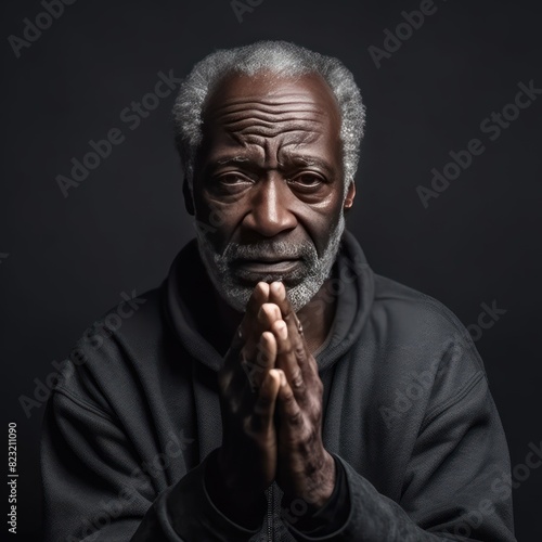 Black background sad black American independent powerful man. Portrait of older mid-aged person beautiful bad mood expression isolated on background racism skin color © Zickert