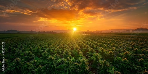 Fototapeta Naklejka Na Ścianę i Meble -  View stunning sunset over large marijuana field bathed in golden sunrays. Concept Nature Photography, Cannabis Cultivation, Sunset Views, Golden Hour Photography, Landscape Beauty