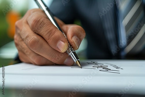 Person writing paper pen table hand