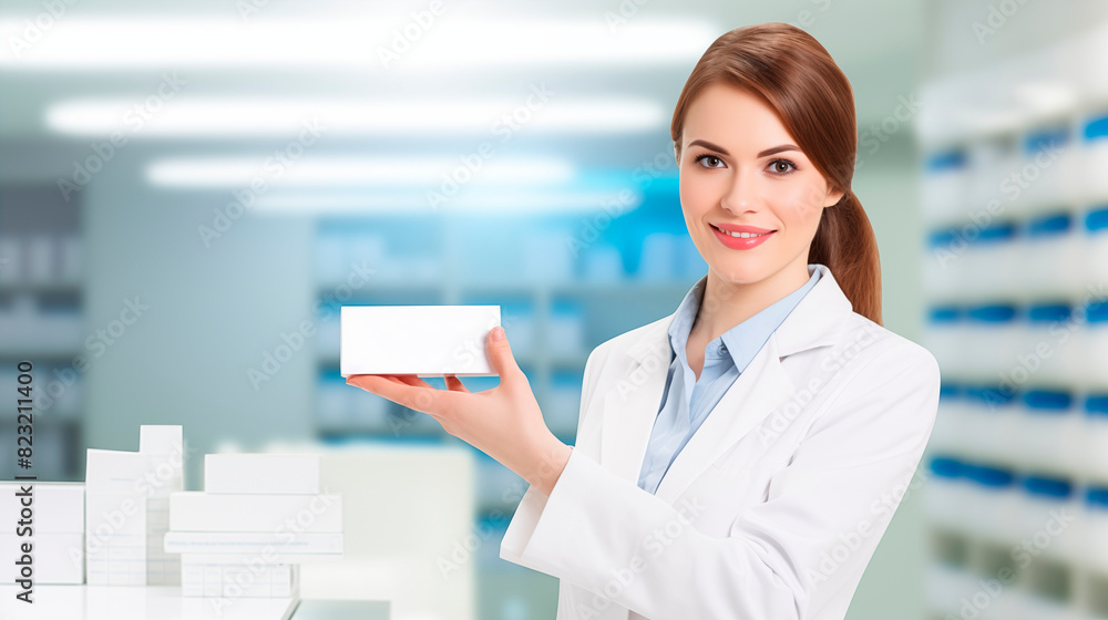 Female Pharmacist Working in a Modern Pharmacy Interior. AI Generative. Female Pharmacist Working in a Modern Pharmacy Interior. AI Generative.