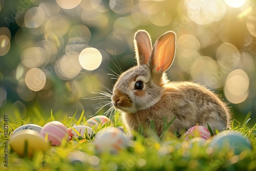 Rabbit sitting grass eggs photo