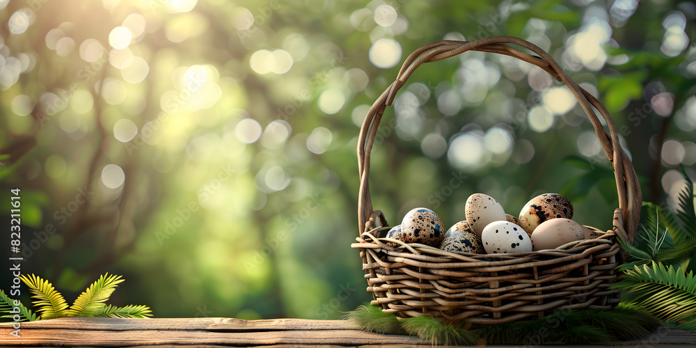 Bird eggs in wicker basket on forest background, Organic Egg Collection in a Rustic Basket Bird eggs in wicker basket on forest background, Organic Egg Collection in a Rustic Basket