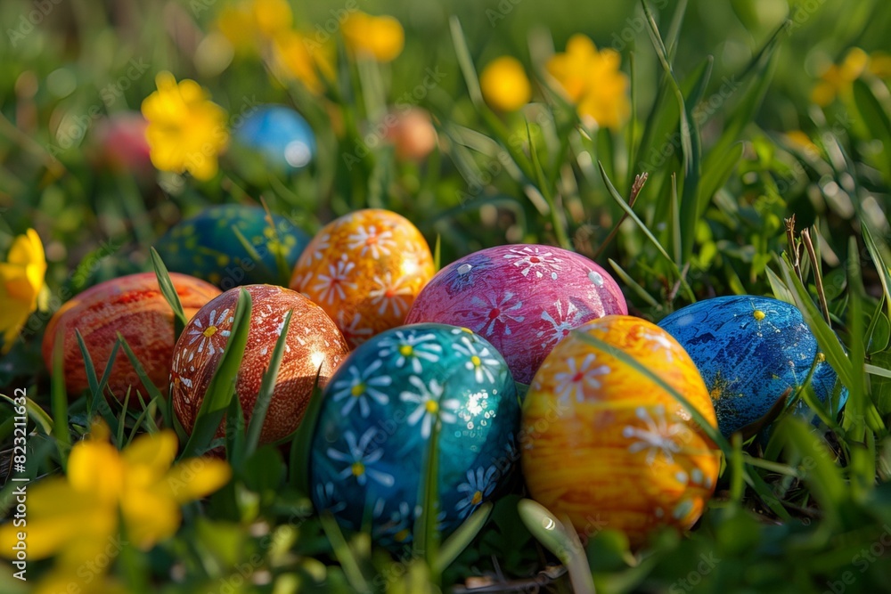Brightly colored easter eggs in grass with yellow flowers Brightly colored easter eggs in grass with yellow flowers