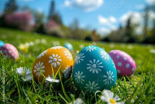 Colorful easter eggs hidden among flowers and trees photo