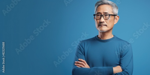 Blue background sad Asian man. Portrait of older mid-aged person beautiful bad mood expression boy Isolated on Background depression anxiety fear burn out health issue problem  photo