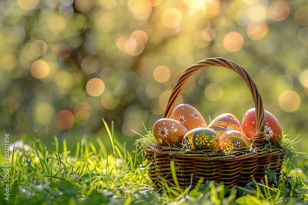 Eggs basket on grass under sun Eggs basket on grass under sun