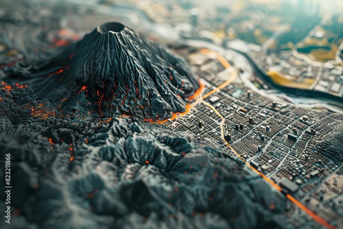 volcano in the middle of the city is filled with tall buildings in model style.