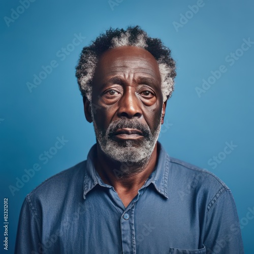 Blue background sad black American independent powerful man. Portrait of older mid-aged person beautiful bad mood expression isolated on background racism skin © Zickert