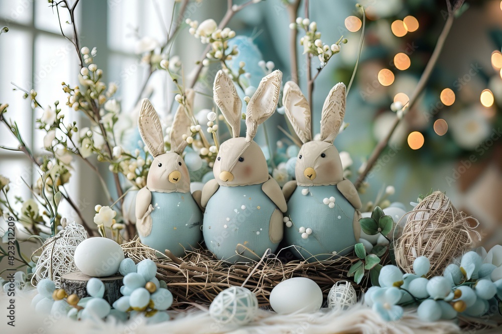Three blue eggs on table with bunnies