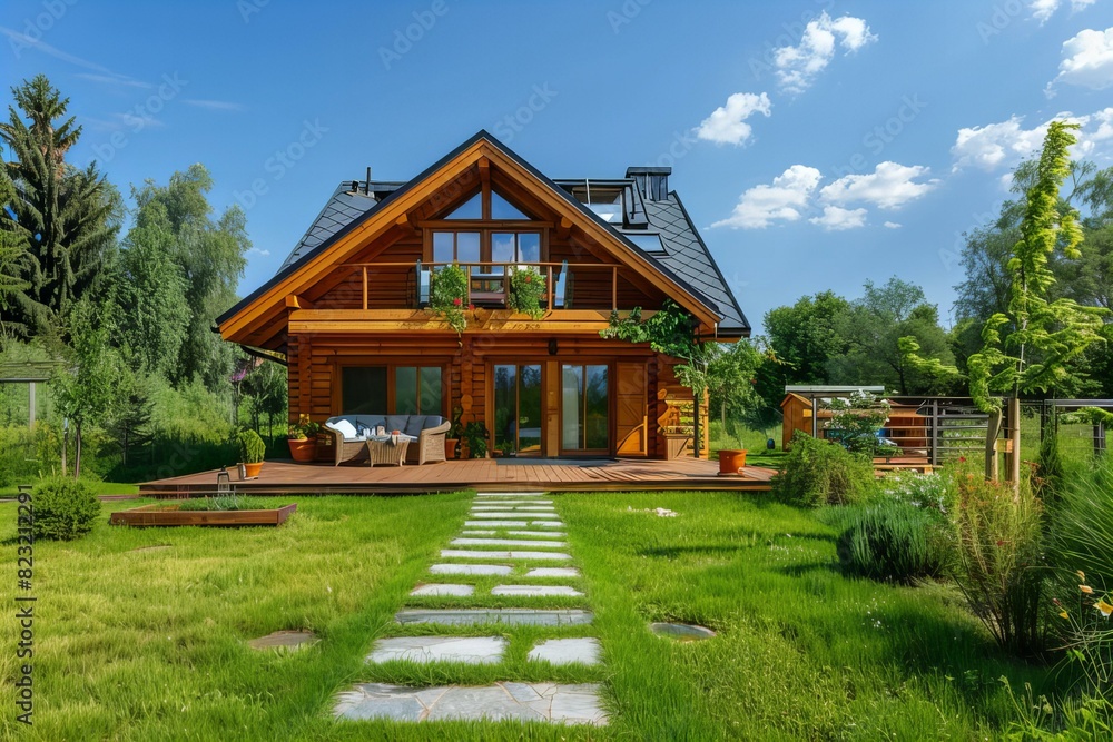 Wooden house on stone path patio Wooden house on stone path patio