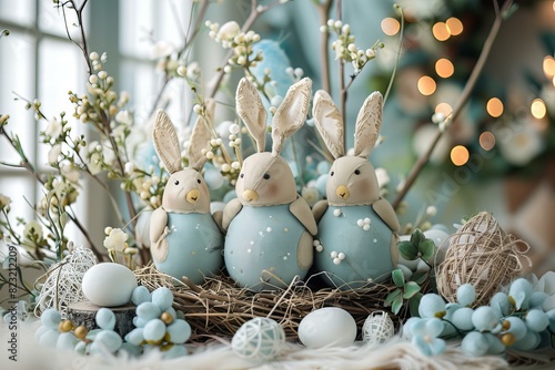 Three blue eggs on table with bunnies