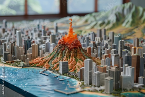 volcano in the middle of the city is filled with tall buildings in model style. photo