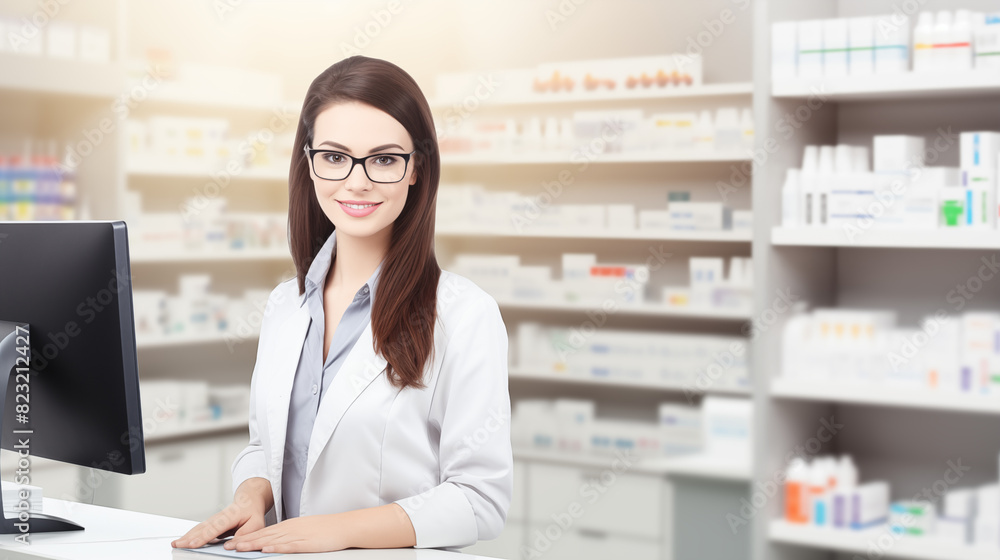 Female Pharmacist Working in a Modern Pharmacy Interior. AI Generative. Female Pharmacist Working in a Modern Pharmacy Interior. AI Generative.
