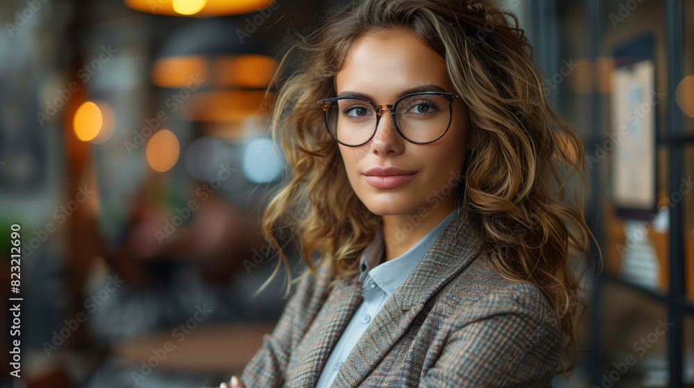 Businesswoman with glasses standing confidently in an office. Businesswoman with glasses standing confidently in an office.