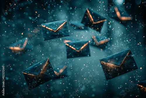 Many envelopes flying in the air with a blue background photo