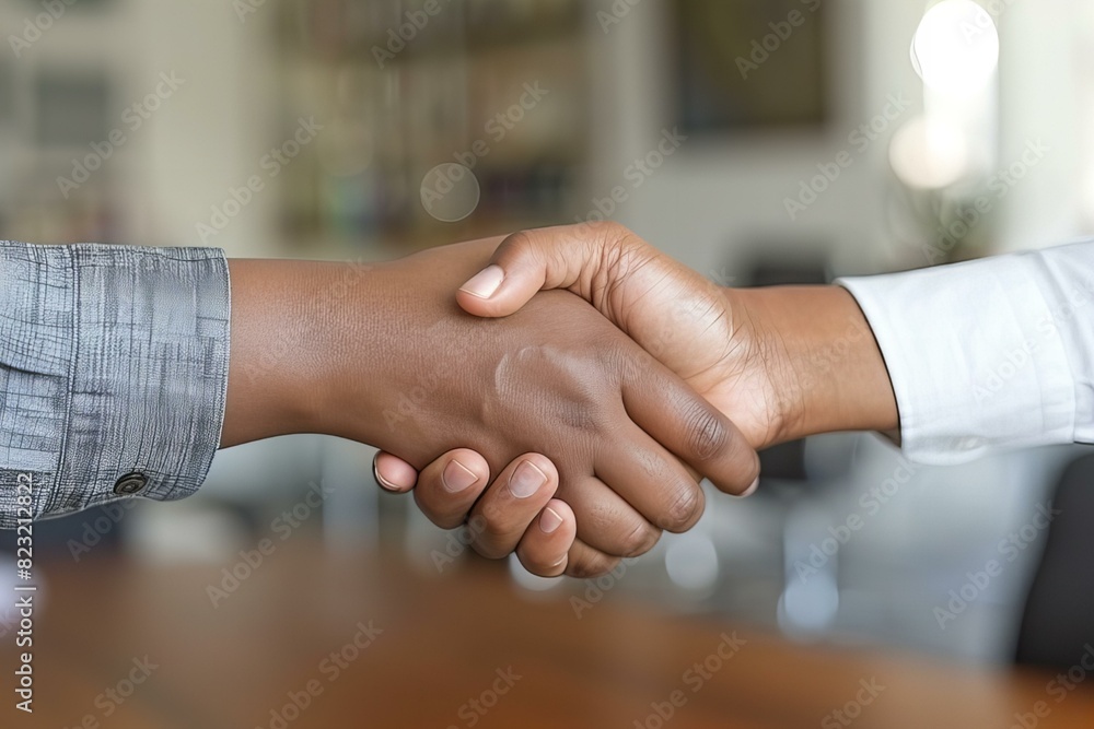 Two people shaking hands in a room Two people shaking hands in a room
