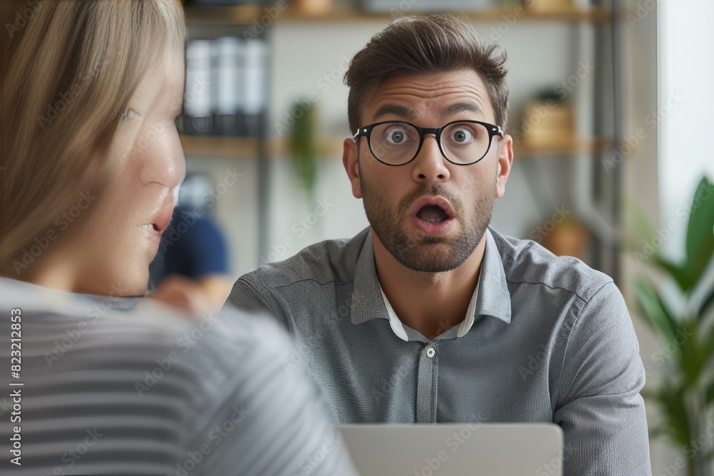 Man with glasses and laptop conversing with woman Man with glasses and laptop conversing with woman