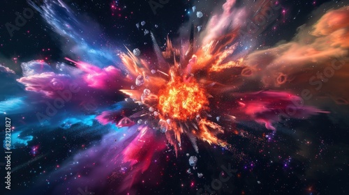 A colorful explosion on a dark space-themed background